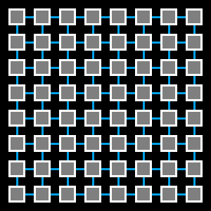 A diagram of an 8 by 8 collection of nodes, each connected to its neighbors on four sides.