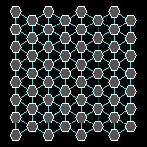 A diagram of set of hexagon (6-sided) nodes, each connected to its neighbors on six sides.